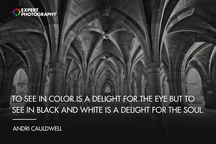 The interior of a stone church overlayed with black and white quotes from Andri Cauldwell