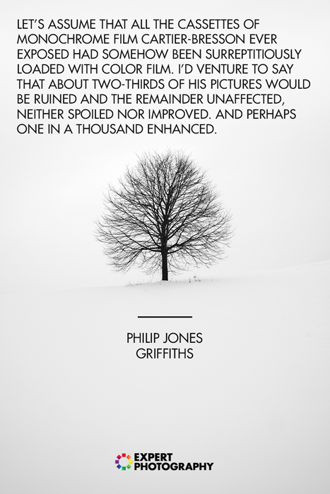 A silhouette of a tree against white snowy landscape with black and white photography quote by Philip Jones Griffiths