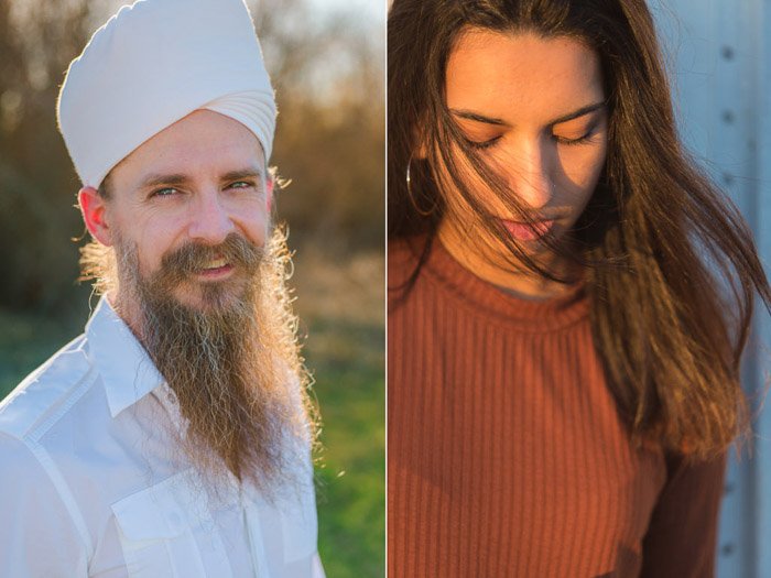 A diptych photo of a bearded man in white and a dark haired girl in maroon jumper - camera settings for portraits