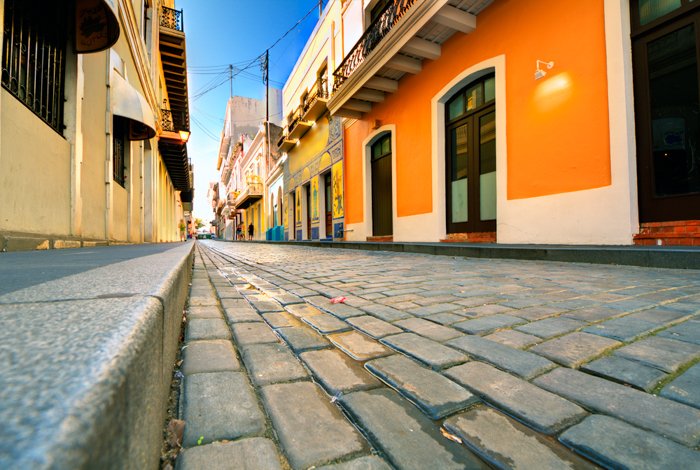 Cobblestone street viewed at a low angle in the Old City of San Juan, Puerto Rico.