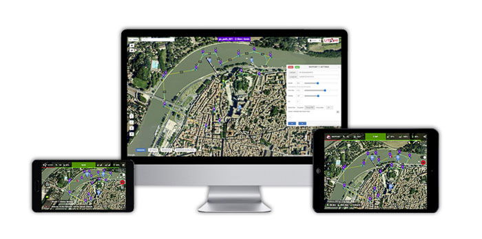 A smartphone, PC and tablet showing Litchi drone apps interface on each screen 
