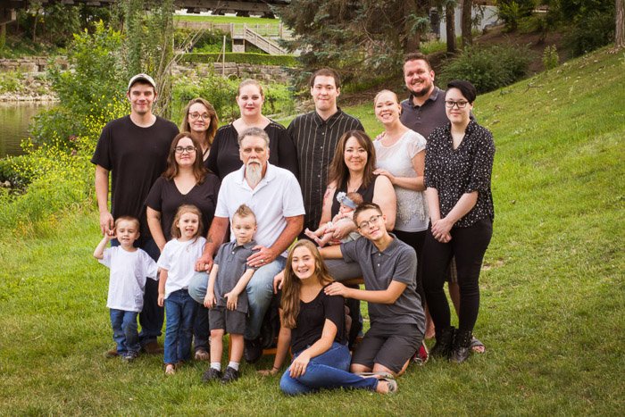 A large family pose outdoors - camera focus for sharp group photography 