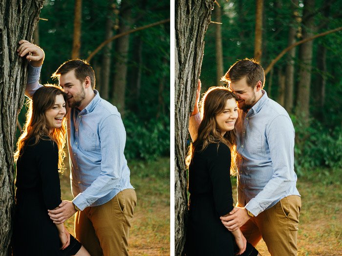 Diptych photo of a couple posing outdoors demonstrating natural hand poses for photography