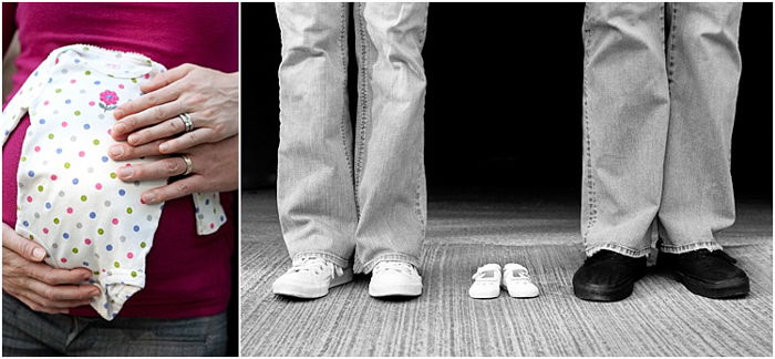 two photos, on the left, holding baby onesie against her pregnant belly, on the right, close up of mom and dad's feet, little baby shoes between them