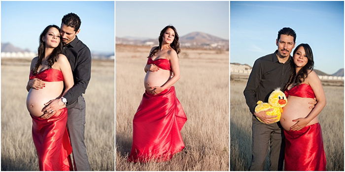 outdoor maternity photoshoot in a grass field, three photos, woman in red satin wrap dress