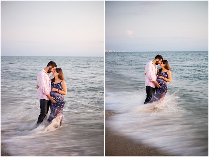 romantic maternity photoshoot, couple standing in the sea