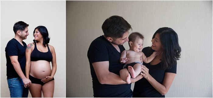 before and after pregnancy photos. On the left, husband and pregnant wife, on the right, couple holding laughing baby between them
