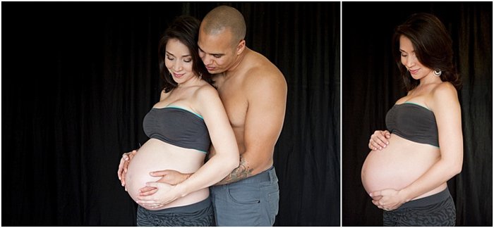 maternity photoshoot, black background, couple hugging her belly from behind