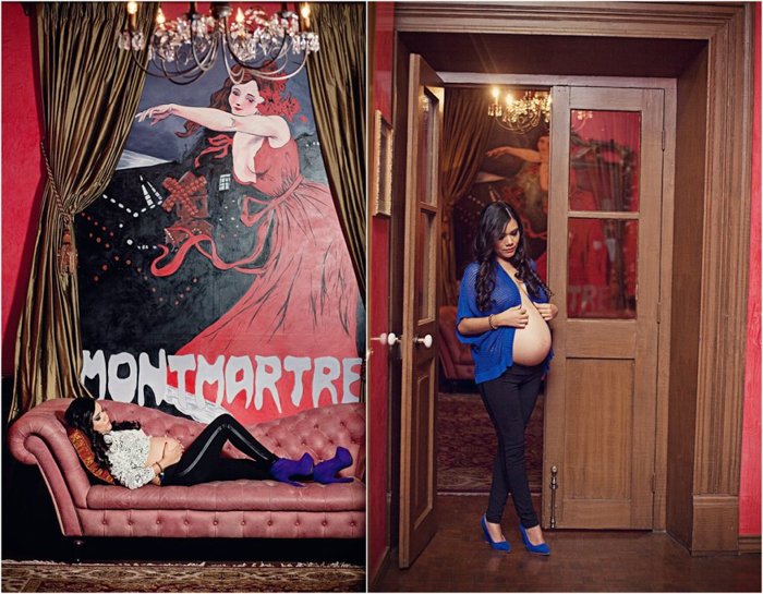 themed maternity photoshoot, two photos. on the left, woman in blue boots lying on a couch beneath a large painted wall poster. On the right, woman in an open bright blue blouse, looking at her belly
