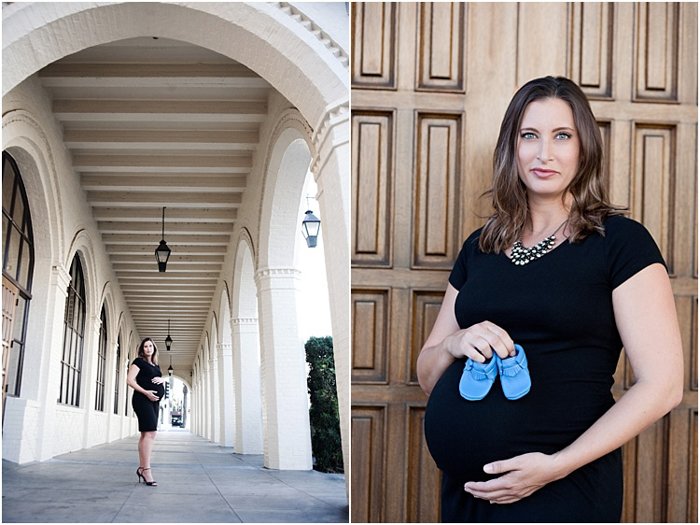 Beautiful maternity photos diptych of a pregnant woman in a sleek black dress, holding blue baby booties