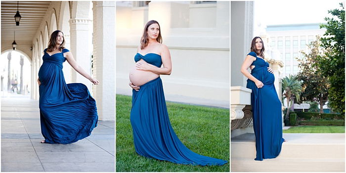 maternity photoshoot outdoors, pregnant woman in royal blue wrap dress