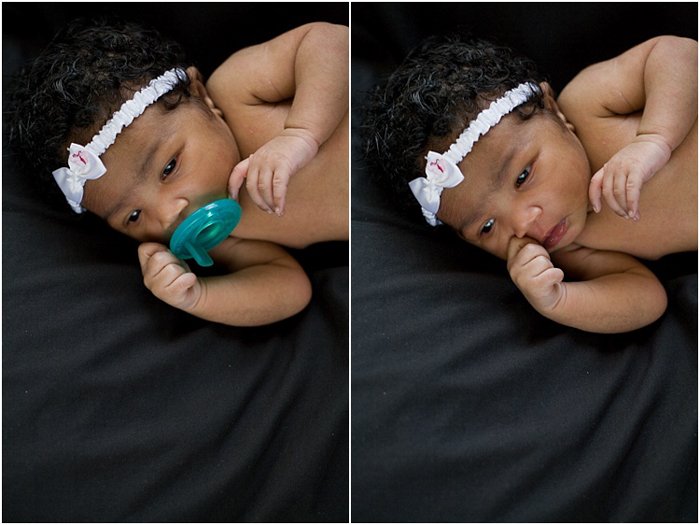 Diptych portrait of a baby lying on a dark sheet, with green pacifier in her mouth. On the right, baby lying on her side on a dark sheet, wearing white headband.