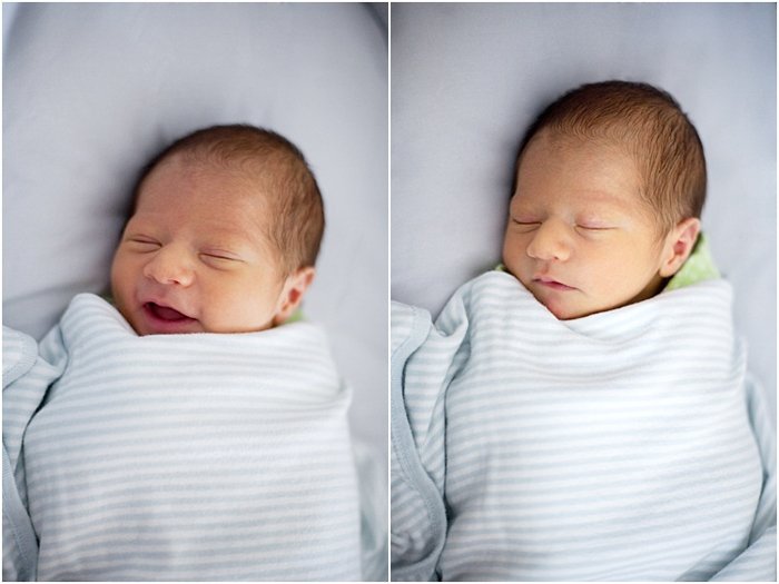 two photos, headshot of baby wrapped up sleeping