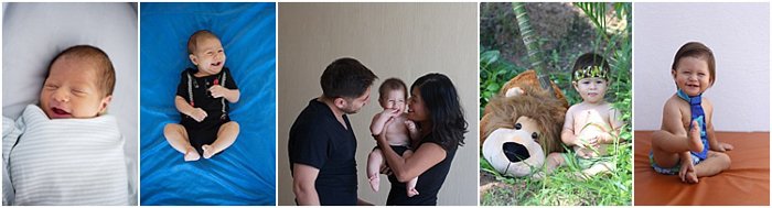 collage of 5 photos in a row, baby at different ages, photo in the middle of parents and newborn
