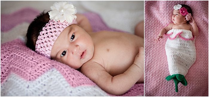 two photos. on the left, close up of baby witha pink headband lying on a pink blanket/ On. On the right, baby in mermaid shaped wrap