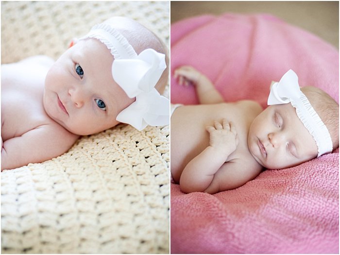 two photos of baby girl. on the left, lying on a woven blanket, wearing a white headband. on the right, sleeping on a pink pillow.