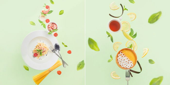 two photos: bright light green background, flatlay of brightly colored herbs and spices, plate, spoon, fork