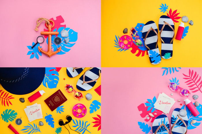 collage of four photos. bright yellow and bubblegum pink backgrounds. flatlay of fashion items: flip flops, anchor, sunglasses