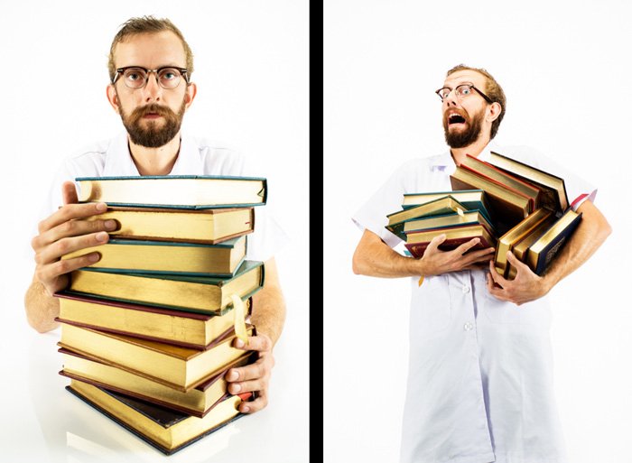 Diptych of a man carrying a pile of books - using photography props for better effect