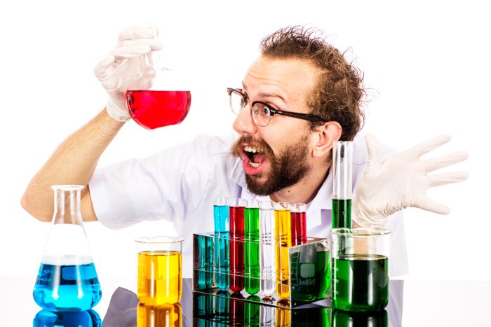  Frustrated mad scientist with chemicals in the lab - photography props
