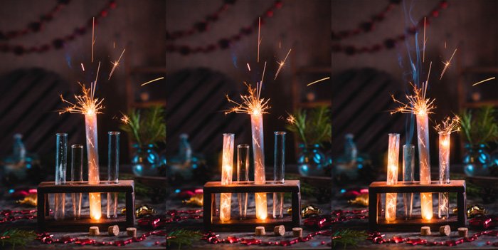 Sparkler photography: three photos showing progress of merging of three separate photos of sparklers in a set of test tubes