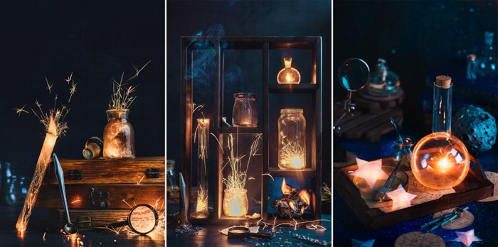 study of three photos using sparklers with various props: test tubes, stars, flasks
