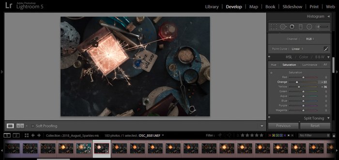 A screenshot of editing sparkler photography in Lightroom