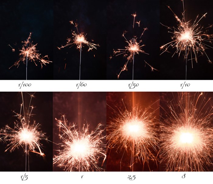series of sparkler photography, comparison of results with different shutter speeds