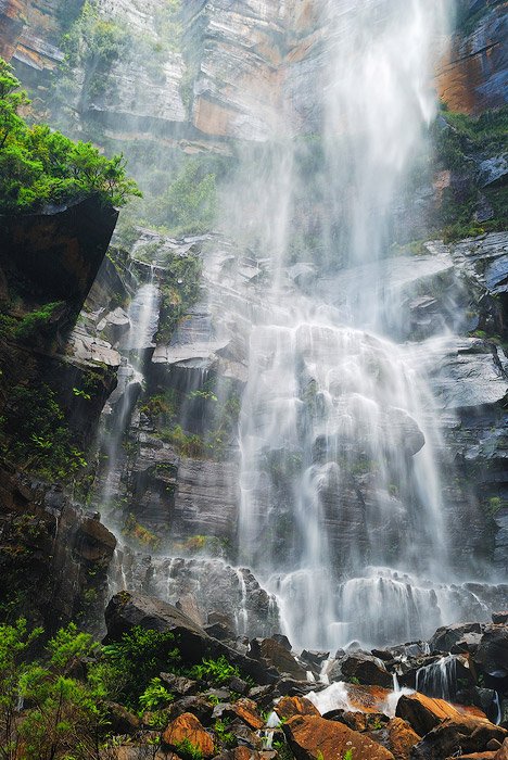 Bridal Veil Falls in Blackheath, Blackheath, Blue Mountains, NSW, Australia. rushing white waters over a rocky face