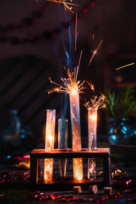 A magical Christmas still life photography setup with sparklers