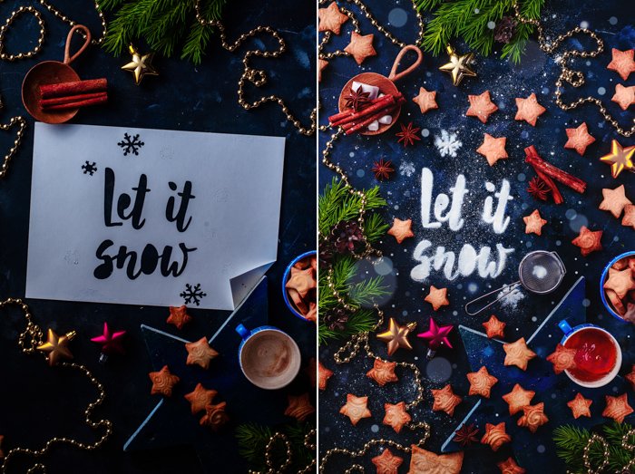 A magical Christmas still life photography diptych with festive food typography