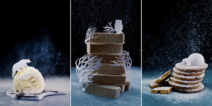 A magical Christmas still life triptych featuring food and cut outs