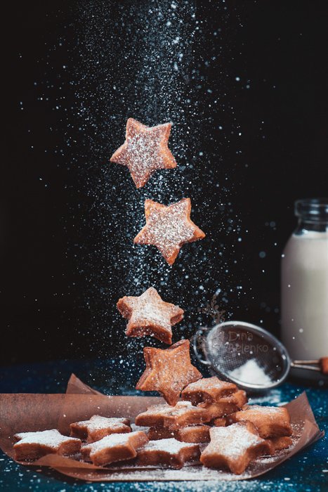 A magical Christmas still life photography shot of floating cookies