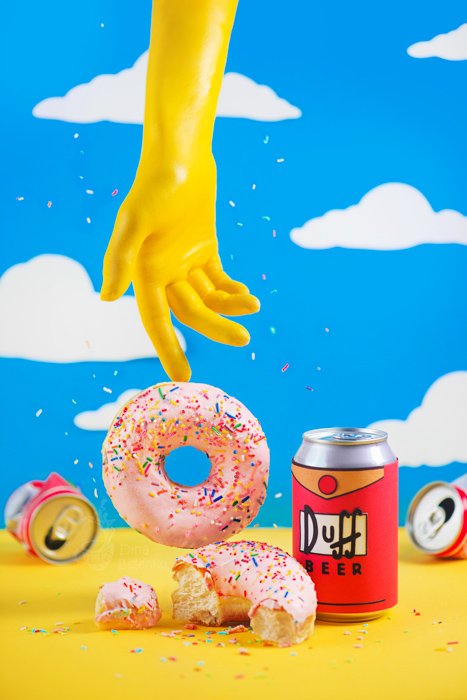 A Simpson themed still life photography shot featuring contrasting colors blue and yellow