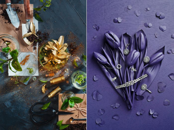 A still life photography diptych featuring complementary colors photography