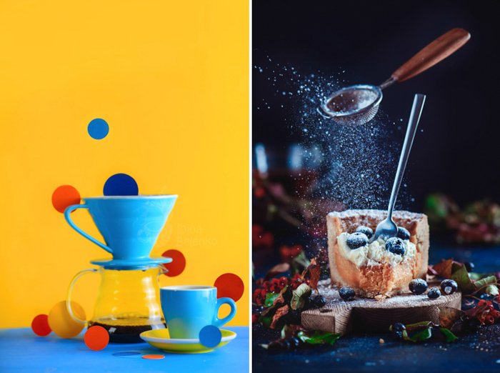 Still life photo diptych showing the difference between a highly saturated and calmer color palette, featuring basically the same hues