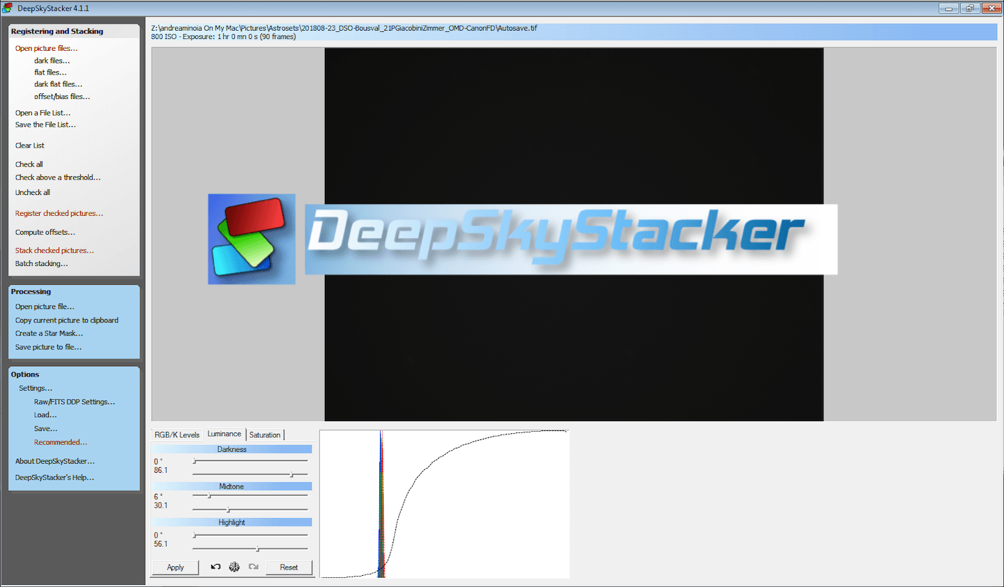 Screenshot of DeepSkyStacker program used to edit astrophotography photos