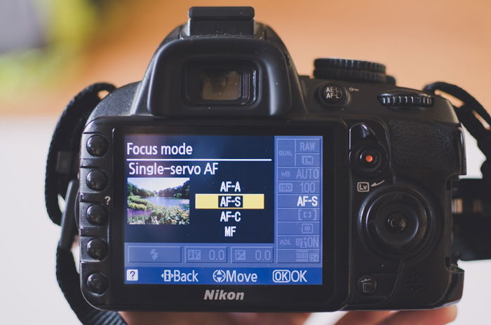 A photo of the focus mode menu on a Nikon camera- DSLR photography camera settings