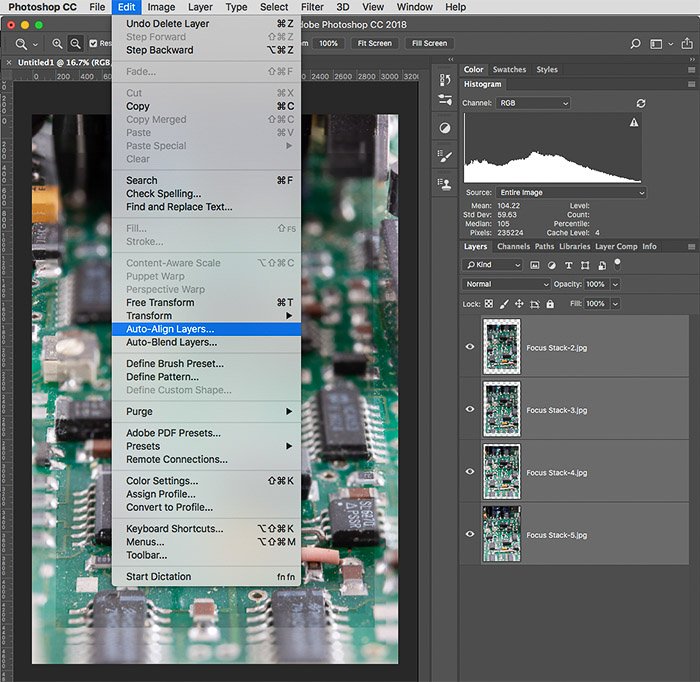 Screenshot of focus stacking on Photoshop, after Auto-Align