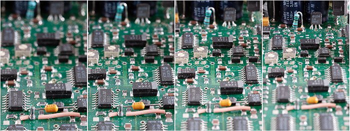 A four image macro photography sequence of a circuit board showing how the image magnification varies as the focus is adjusted.