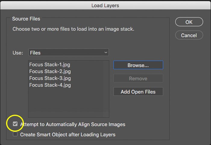 A screenshot of loading a sequence of images into a stack in Photoshop with auto alignment.