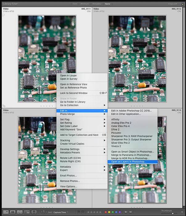 Screenshot of sending an image sequence from Lightroom to Photoshop for focus stacking.