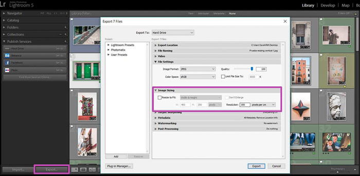 Screenshot of resizing images in lightroom