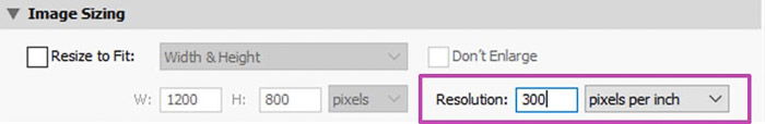 Screenshot of selecting image resolution in lightroom