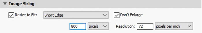 Screenshot of how to resize an image in Lightroom with short edge