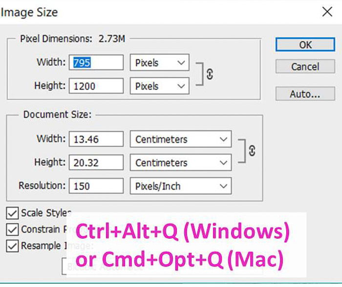 Screenshot of using the image size shortcut on Photoshop 