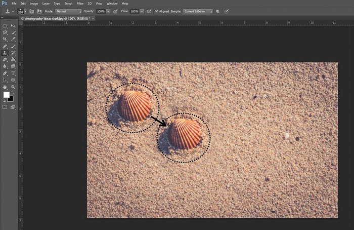 Screenshot of using the clone stamp tool shortcut on Photoshop 