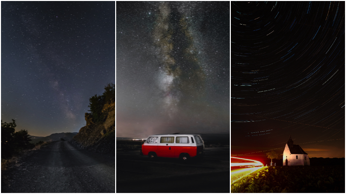 Astrophotography triptych highlighting that a strong foreground is needed to capture the viewer's interest in starry landscapes and star trails photography.