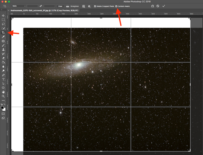 Screenshot of how to use the crop tool in Photoshop to recompose an astrophotography image