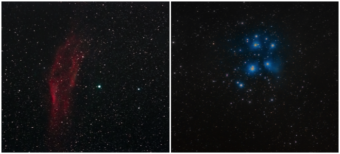 Two large targets that are nicely photographed with a 400mm lens: the California Nebula (left) and the open cluster of the Pleiades (right).